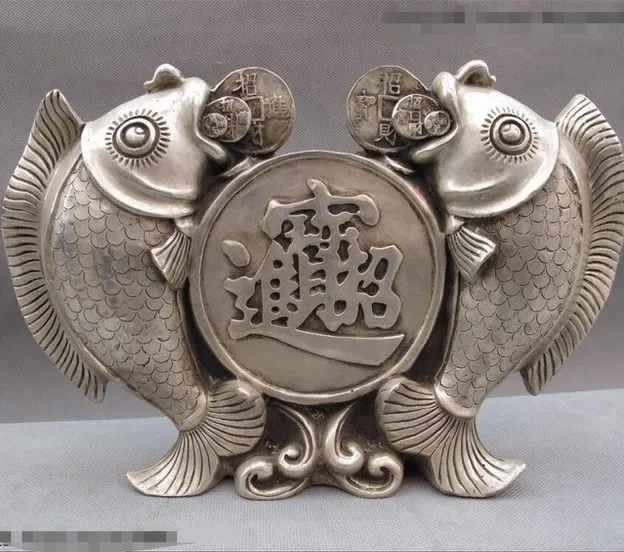 YM 312 China White Copper Silver Lucky Feng Shui Coin Money wealth Two carp Fish Statue | Дом и сад
