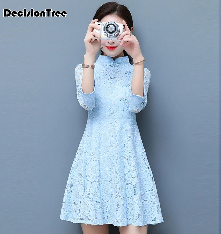 

2019 summer traditional chinese dress mujer vestido women's satin qipao cheongsam flower embroidery qipao Fashion Lace Clothes