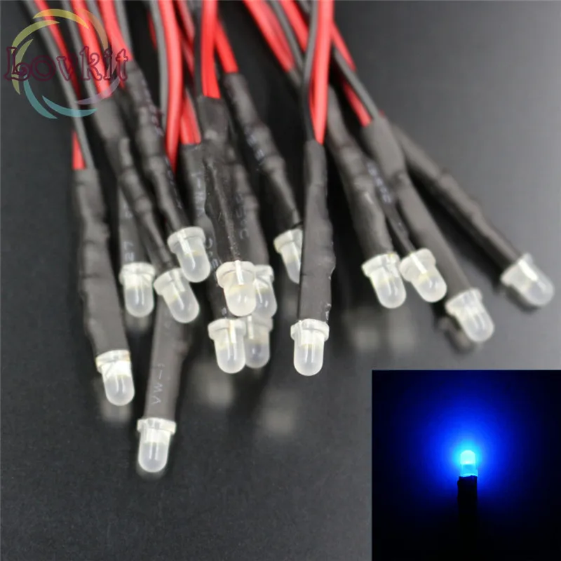 

50pcs 3mm 12V Pre-Wired Diffused Round top Blue LED DC 20cm Emitting Diode Suitable for table lamp DIY Wholesale Retail