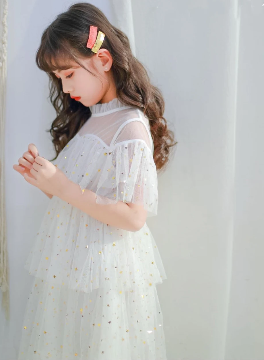 Платье принцессы в Корейском стиле для малышей Новинка года, праздничные платья для детей, нарядное платье с блестками для девочек возрастом 8, 10, 12, 13, 14 лет - Цвет: Белый