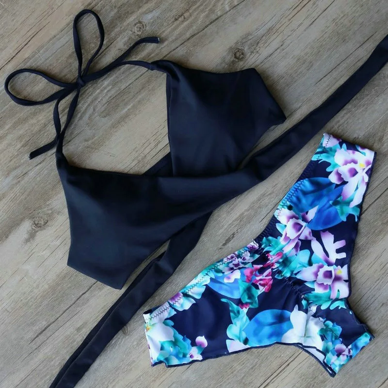 

2017 Aipbunny Sexy Halter tops Floral bottom Bikinis Swimwear Women Triangle Bikini Set Bathing Suit Push Up tankini Swimsuits
