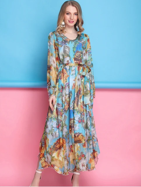 2017 Floral Long Sleeved Boho Holiday Beach Oversize Maxi Dress