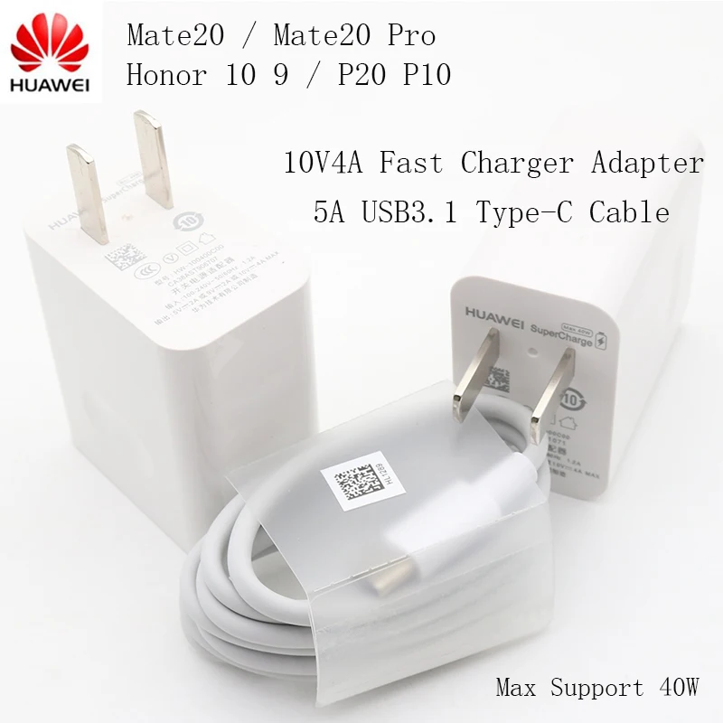 

Original HUAWEI 10V4A Mate20 Fast Super Charger 40W USB Fast Charger Adapter 5A USB3.1 TYPE-C Fast Cable For Honor9 10 P20 P10