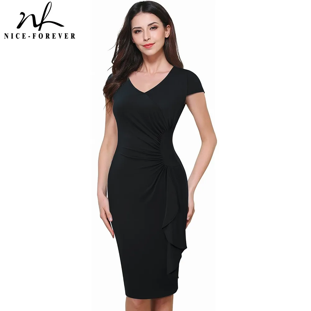 

Nice-forever New Vintage Ruffle Ruched Waist Wear to Work Cap Sleeve O-Neck Bodycon Woman Office Pencil Summer Dress B388