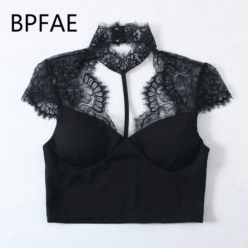 

BPFAE 2018 Summer New Arrival Women Sexy Lace Crop Top Halter Camis Tank Tops Slim Hollow Out Camisole Female Grace Vest Camis