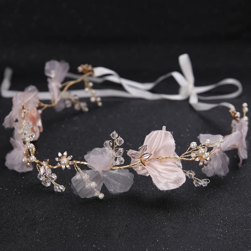 Bride-Headband-Pink-Yarn-Flower-Rhinestone-Pearl-Wedding-Headband-High-Quality-Golden-Copper-Line-Headpiece-Jewelry (2)