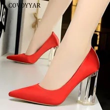 COVOYYAR элегантный сплошной Для женщин насосы острый носок женский прозрачный обувь на высоких квадратных каблуках обувь для вечеринок женщина большой Размеры 34–43 WHH159