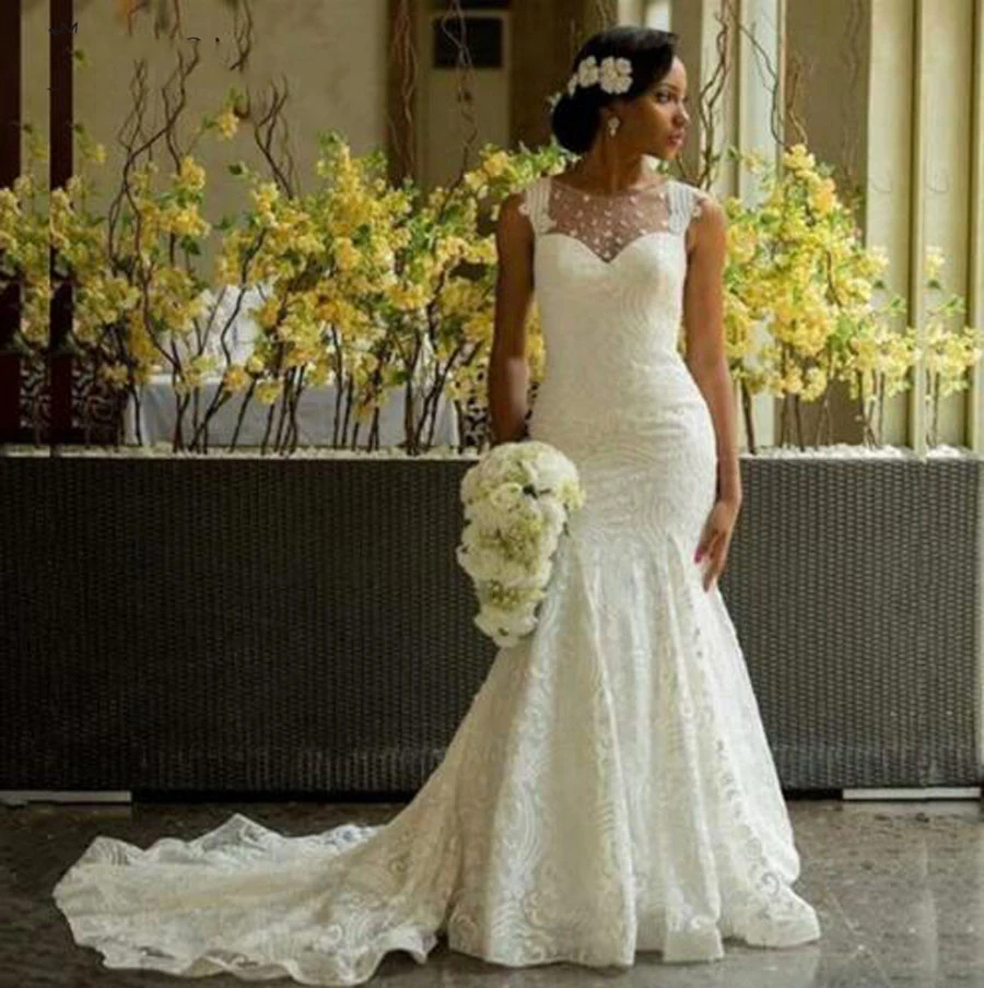 

Sheer neck Illusion Back Vintage Lace Wedding Dress 2019 Plus size White Court Train Marriage Mermaid Wedding Dresses