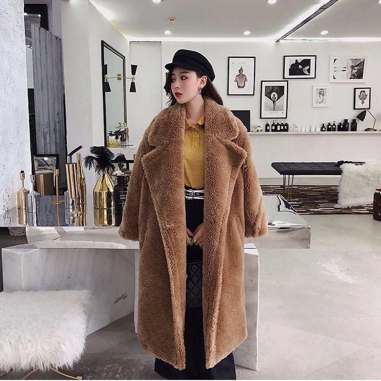 

2019 New Coat Faux Fur Long Coat Women Lamb Fur Coat Fake Fur Thick Warm Curly Teddy Coat New Collection Winter Female Clothes