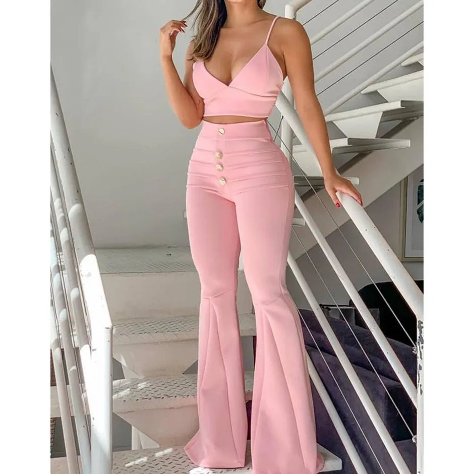 

2019 Sexy Spaghetti Strap V-Neck Two Piece Set Women Cami Top High Waist Flare Pants Office Suit Office Style Outfits