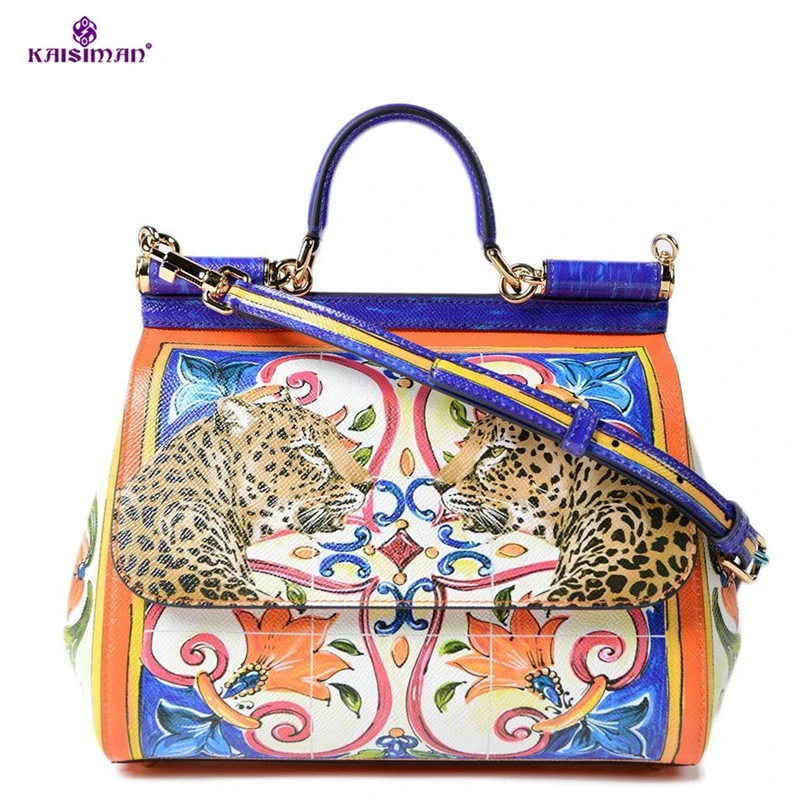 

Luxury Italy Brand Sicily Ethnic Floral Leopard Bag Genuine Cow Leather Casual Tote Platinum Bag Lady Shoulder Messenger Bag Sac