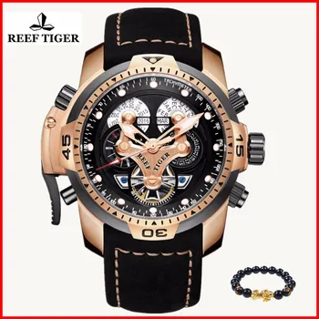 

2019 Reef Tiger Mens Watches with Complicated Dial Rose Gold Case Automatic Military Sport Watch Rubber Strap Relogio Masculino
