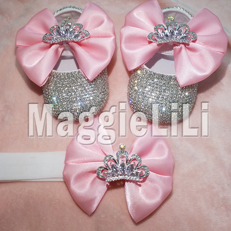 pink bowknot Custom Sparkle Bling crystals Rhinestones Baby girls shoes infant 0-1Y ribbon shoes First Walkers hairband 0032