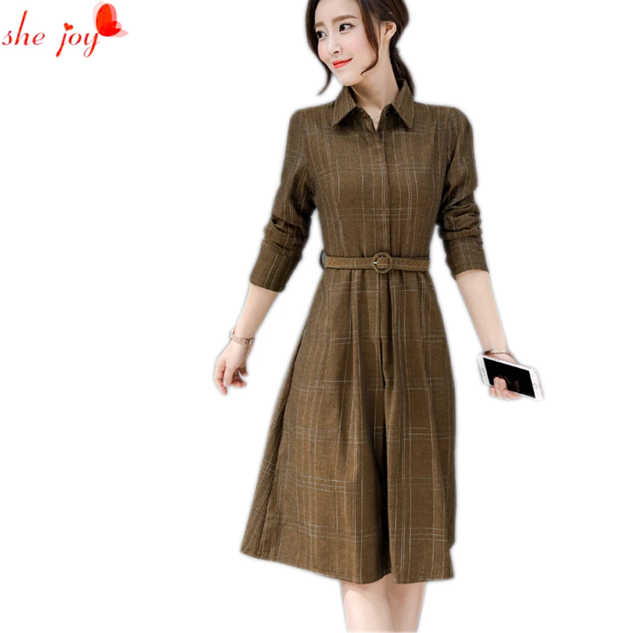 Female Knee Length Plaid Dress Women's Gown with Sash Check Decent