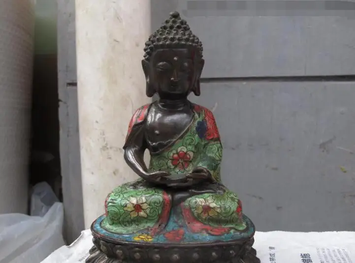 

S06764 7.5"Tibetan Folk Classical Bronze Cloisonne Enamel Tathagata Buddha statue