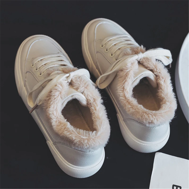 

Winter Sneakers Women Thicken Cotton Flat Shoes Women Lace-Up Fashion Casual White Shoes Keep Warm White Shoes Chunky Sneakers