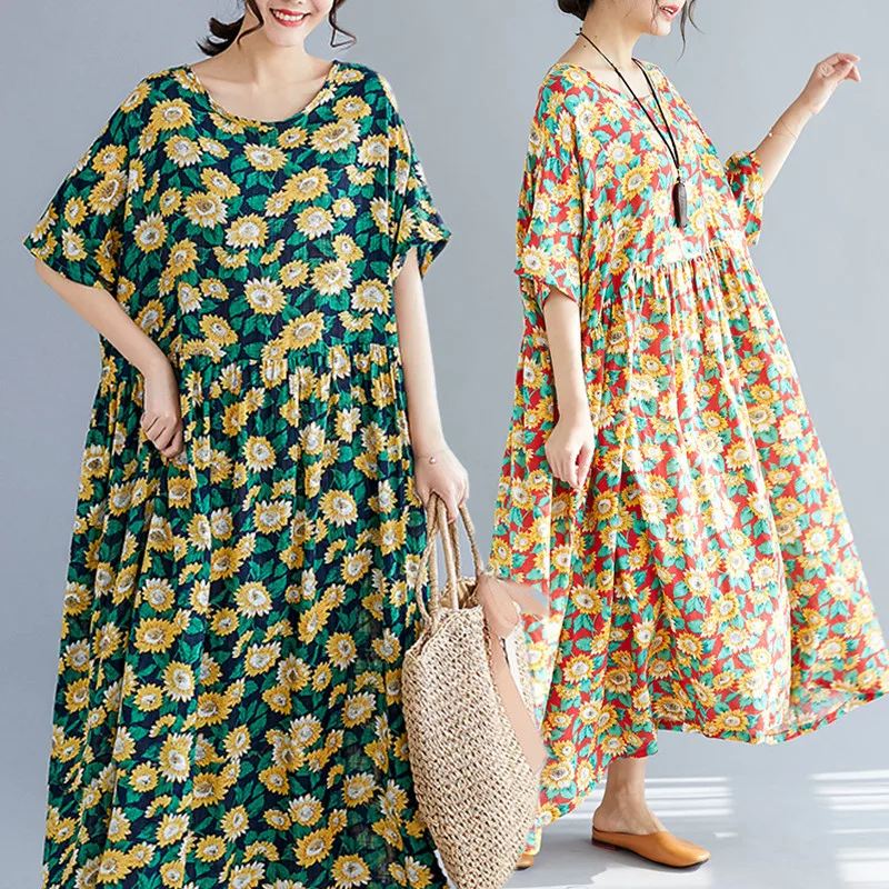 

BIG SIZE 5XL 2019 Summer Women Fashion Elegant Flower Print Tops Ladies Female Plus Large Swing Loose Cotton Linen Robe Dress