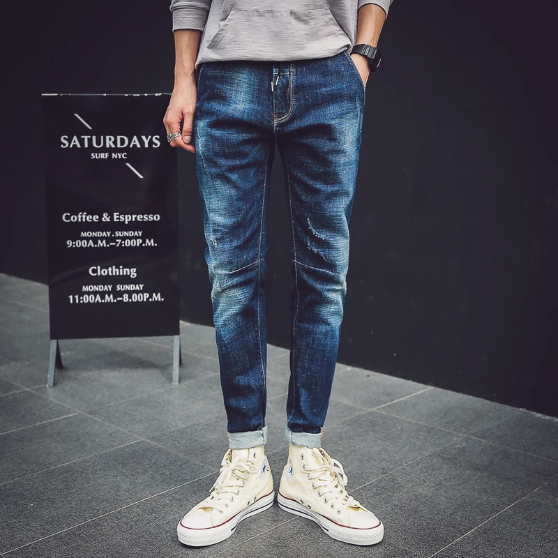 

Fashion Men's Drawstring Slim Fit 501 Denim Pants Light Wash Blue Slim Fit Stretch Jogger Jeans for Man