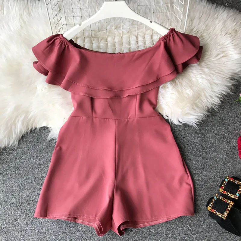 

Pocket double-layer women jumpsuits and rompers solid slash neck sexy short slim beach style playsuits top quality