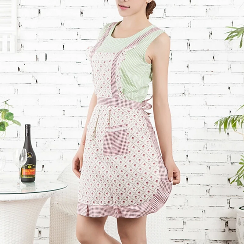 Flower Printed Women Lady Kitchen Apron Dress Restaurant Home Kitchen For Pocket Cooking Dining