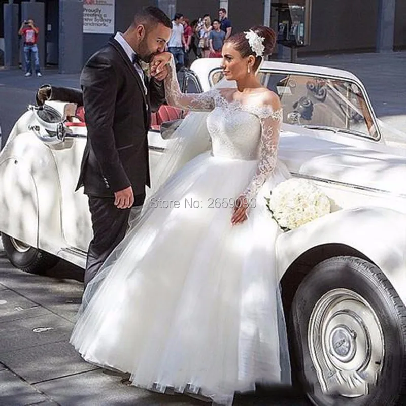 2016-Wedding-Dresses-Ball-Gown-Boat-Neck-Tulle-Long-Sleeve-Lace-Applique-vestidos-de-noiva-trouwjurk