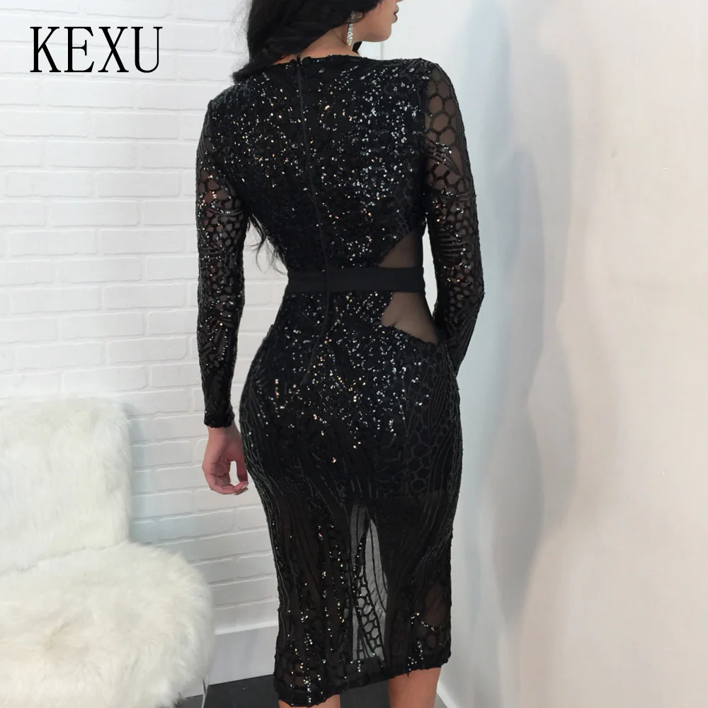 KEXU Fashion Party Club Transparent Glitter Sequin Bodycon Bandage Dress Sexy V Neck Hollow Out High Slit Slim Summer Dresses