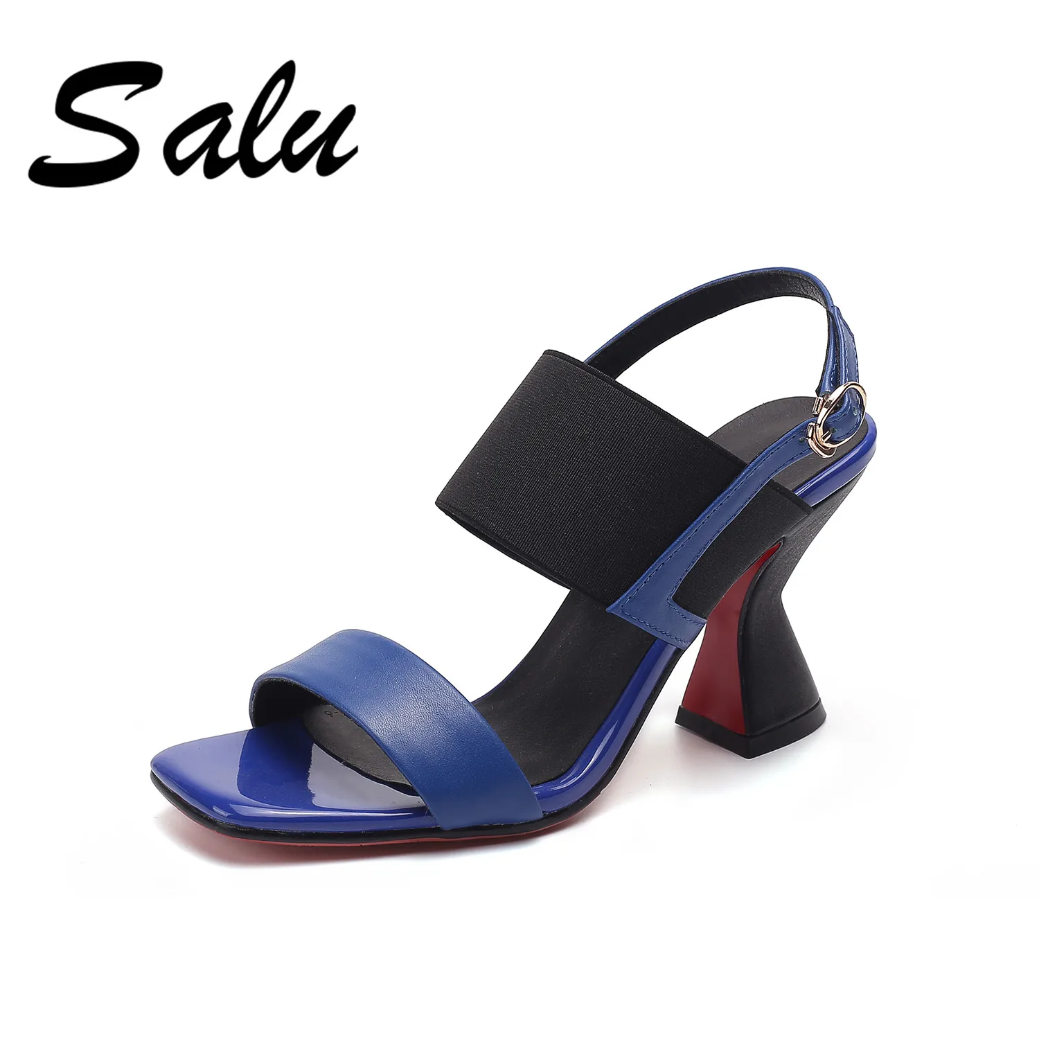 

Salu 2019 Genuine leather women sandals hot sale flock high heels shoes woman buckle summer shoes women gladiator sandals