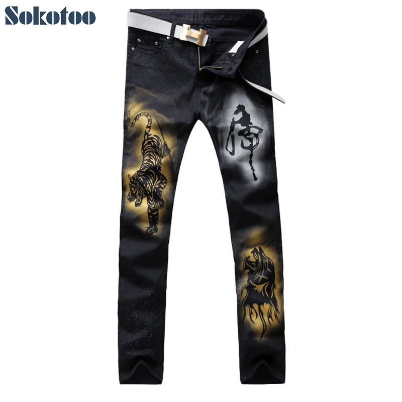 

Sokotoo Men's casual tiger colored drawing printed jeans Fashion slim straight black stretch denim pants Long trousers