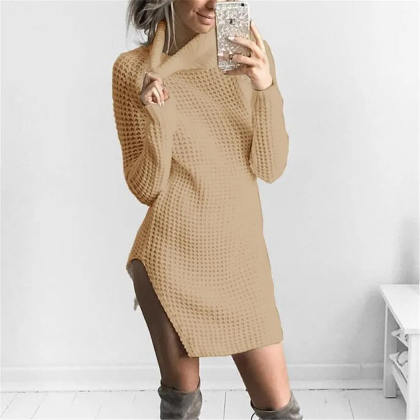2017 New Turtleneck Sweater Dress Women Autumn Winter Sexy Split Bodycon Knitted Dresses Female Casual Sheath