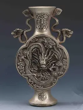 

Chinese Tibetan Silver Hand-Carved Dragon Binaural Vase