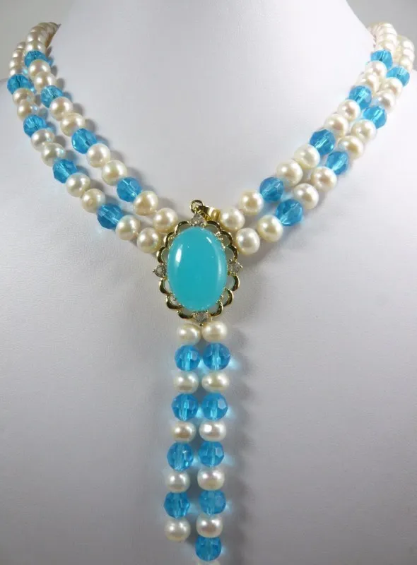 

new arrive beautiful design jewelry white pearl and blue crystal necklace