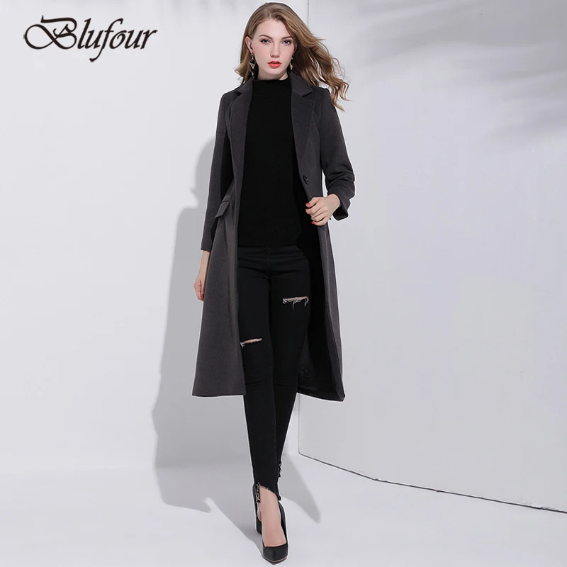 

2018 New Women Coat Cashmere Jacket Winter Woolen Coats Long Single Button Dovetail Wool Jacket Double Sided Outwear Dark Grey