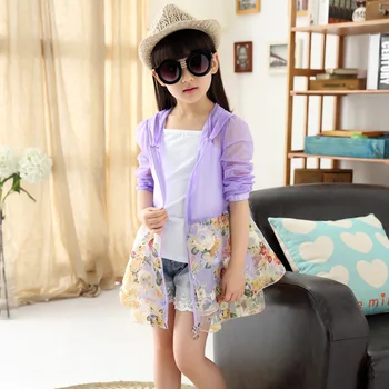 

Children Hoodies Sun Protection Jacket Coat Summer Girls Floral Print Long Outerwear Girl Fashion Windbreaker Coat AA11787