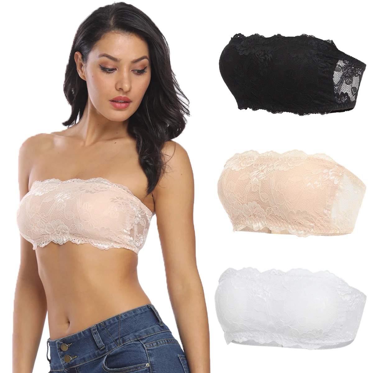 

Summer Sexy Underwear Lace Strapless Crop Top Bra Bandeau Boob Tube Top Women Off Shoulder Bustier Brassiere Lingerie Wrap Bra