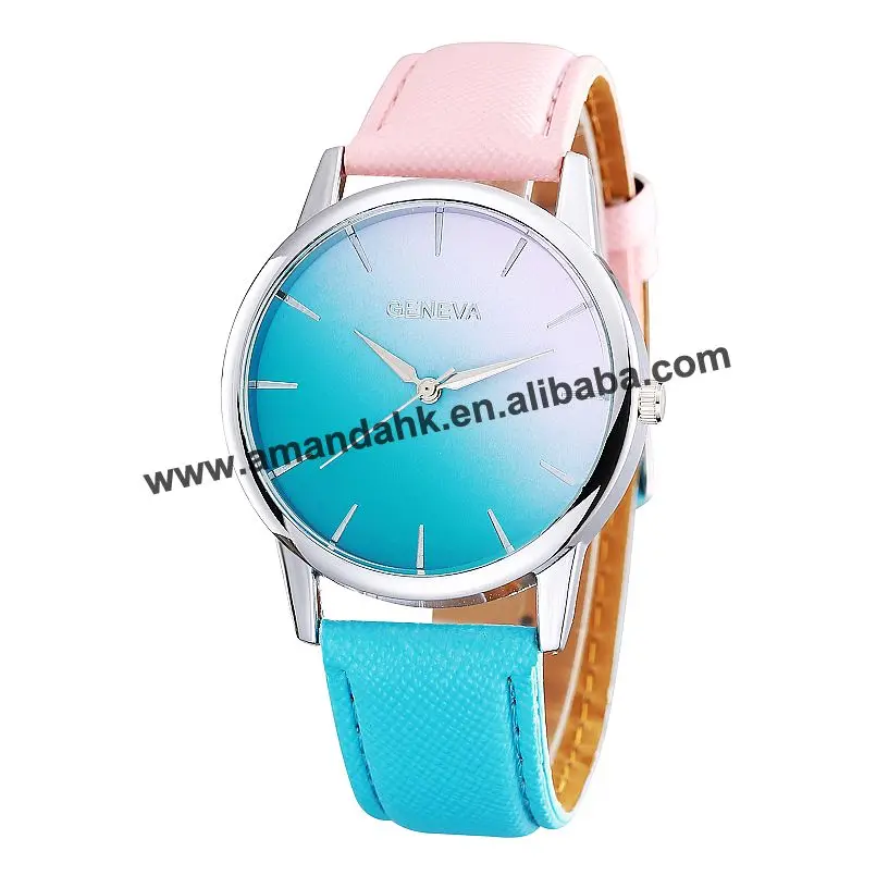 

New Gradient Color Embossed Leather Belt Rainbow Sugar Color Simple Women Quartz Watch Pink Blue Two Color Strap Watches relogi