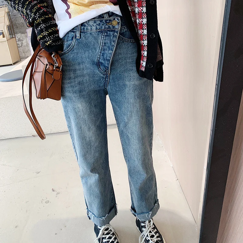 Camkemsey Vintage Mom Jeans Woman 2019 Fashion Asymmetric Bevels Autumn Winter Classic High Waist Straight Jeans Female