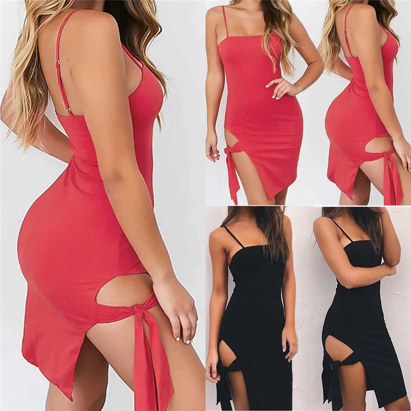 2018 Fashion summer dress women beach dress Ladies Blackless Sleeveless Square Neck Split Bandages Mini Dress vestidos J27#N (13)