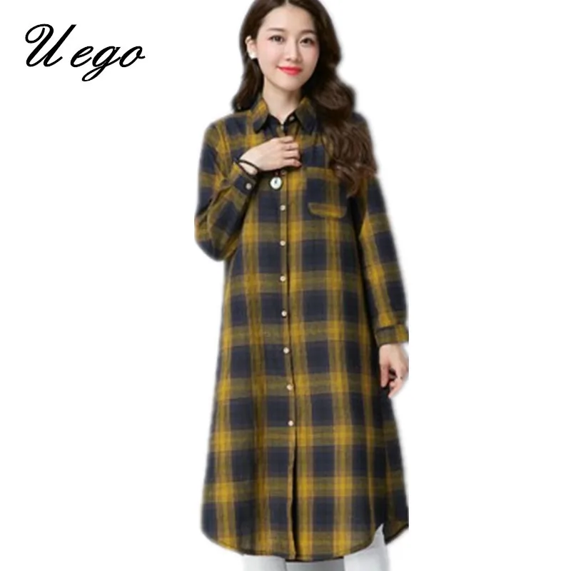 

Uego 2019 New Arrival Spring Casual Blouse Shirts Cotton Linen Printing Plaid Preppy Style Long Blouse Plus Size Women Blusas