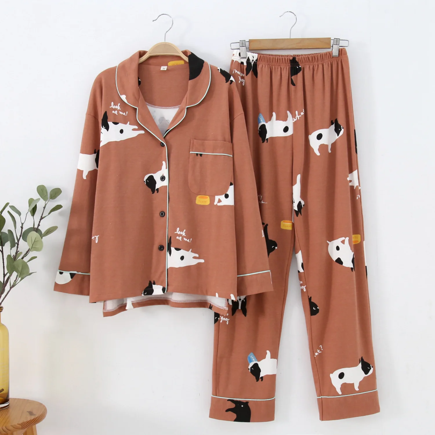 New Cute dogs sleepwear women pajamas sets spring knit cotton long-sleeved homewear female nightgown women pyjamas