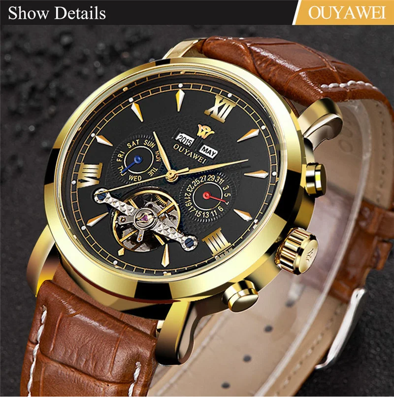 Mechanical Watch Mens Top Brand Luxury Tourbillon Men's Automatic Mechanical Watches Wristwatch Leather watch relogio masculino  (6)