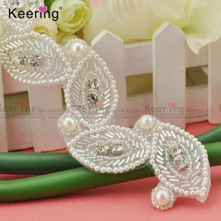 

Leaf Design Rhinestone Pearl Beaded Fringe Trim WRA-436