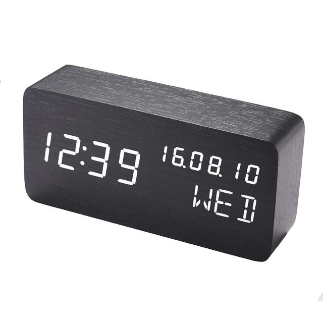 HOT Led Alarm Clock,Wooden LED Digital Alarm Clock, Displays Time Date Week And Temperature, Cube Wood-shaped Sound Control De