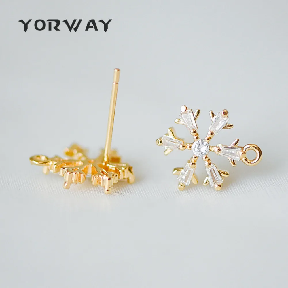 

10pcs/lot CZ Paved Snowflake Ear Posts 12mm, Real Gold Plated Brass Earrings, Sterling Silver Pin (GB-310)