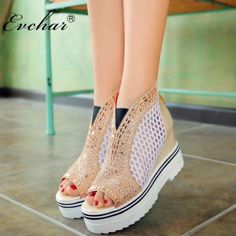 

EVCHAR new Woman Sandals Summer New peep Toe mesh Platform High Heels Wedge thick bottom Sandals gladiator Shoes big size 34-43
