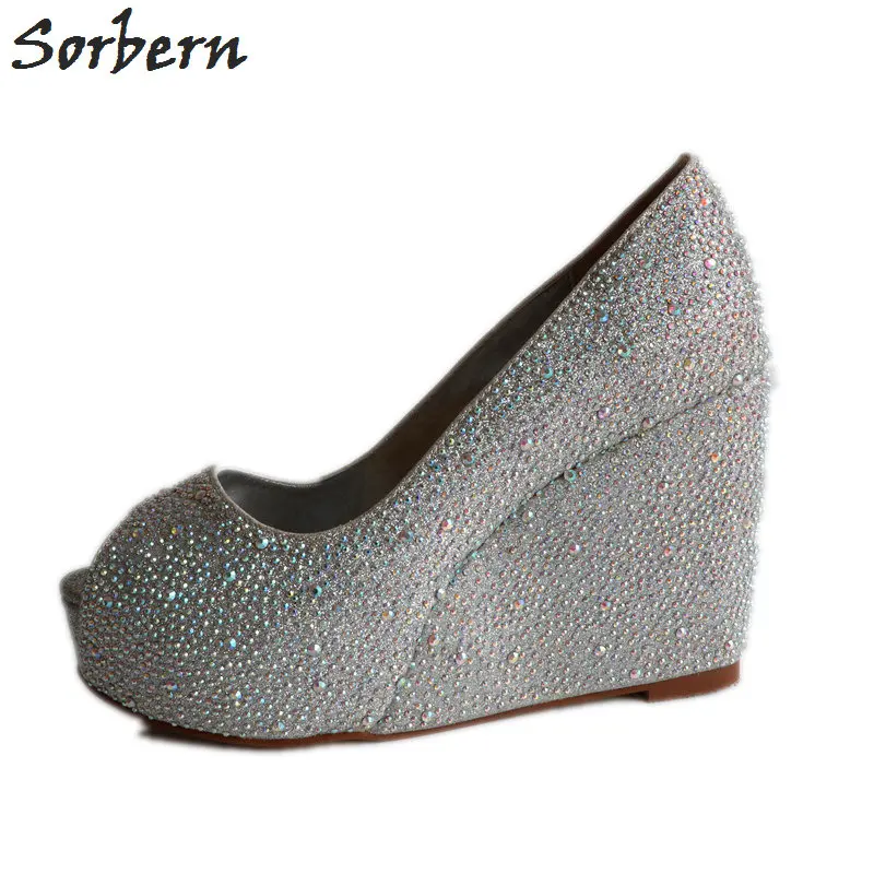 Sorbern/Серебристые свадебные туфли со стразами женские туфли-лодочки на танкетке с открытым носком и кристаллами вечерние туфли на платформе и высоком каблуке серебристого/золотистого цвета - Цвет: Серебристый