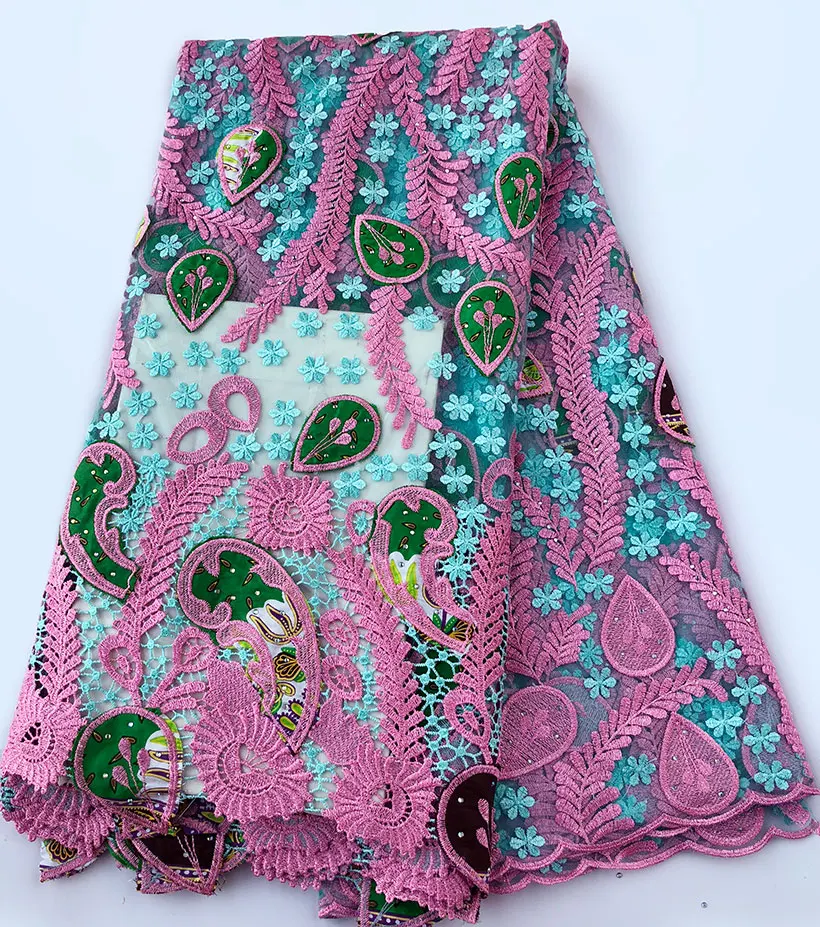 

Real Hollandais wax Floral embroidery African french lace tulle fabric with guipure lace borders High quality 5 yards /pc