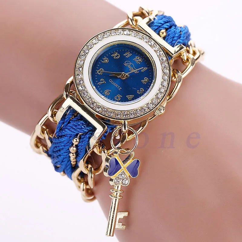 

Women Ethnic Braid Dress Quartz Watch Stylish Diamond Crystal Chain Key Bracelet