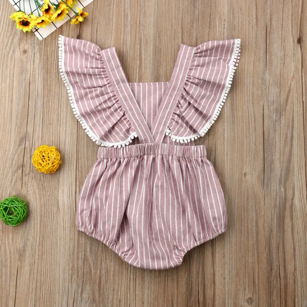 Милый полосатый комбинезон без рукавов с оборками для новорожденных девочек от 0 до 24 месяцев, комбинезон, одежда для малышей, летняя одежда