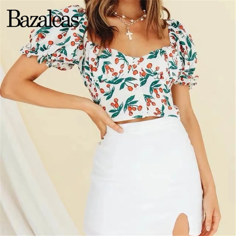 

Bazaleas Cherry Print Crop Top Holiday Women T-shirt Vintage Fashion center Buttons Women t shirt harajuku Cropped drop shipping