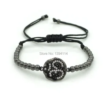 

20*15*1.5mm Micro Pave CZ Yoga OM Round Charm & 4mm Round Beads Braided Macrame Bracelet Jewelry